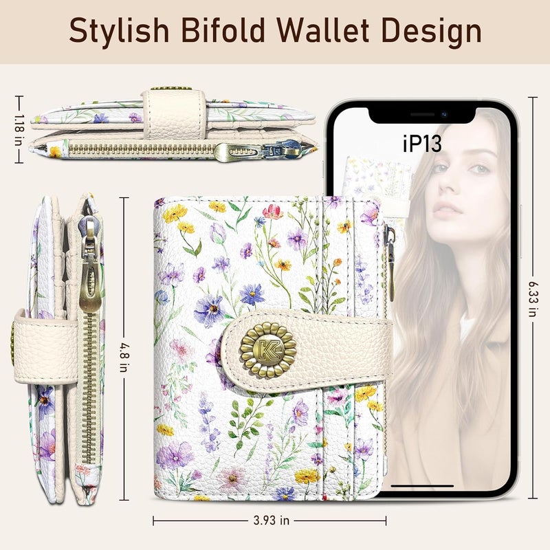 Kelvoris Flowers Floral Small Rfid Women Wallet Bifold Zipper Coin Pocket PU Leather Compact Cash Credit Card Holder Travel Wallet for Female Ladies Teen Girls 1 ID Window 10 Card Slots - Image 5